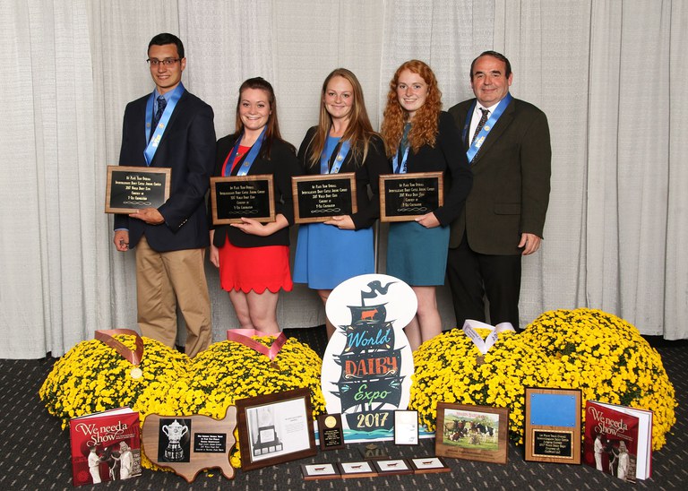 Penn State's winning dairy judging team, from left: Dylan Dietz, Abigail Jantzi, Emma Brenengen,  Emily Heilinger and Coach Dale Olver. Photo by Agri-Graphics