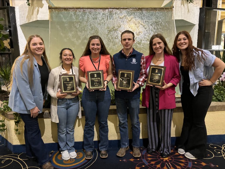 Penn States Block and Bridle students with awards from national convention: From left: Jamie Batey, Rebecca Kugler, Megan Durandetta, Caleb Antram, Nina Coolidge and Tehya Hall.