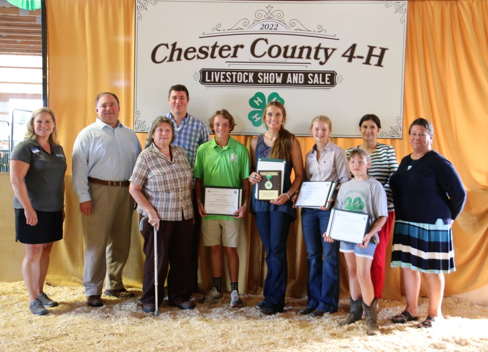 2022 Chester County Spirit of 4-H Award Photo (from left to right): Stephanie Shirk - Penn State Extension Client Relationship Manager, State Representative John Lawrence, Davida Waters - President of the Chester County 4-H Program Development Committee, Chester County Commissioner Josh Maxwell, Spirit of 4-H Award nominee David Gober, Spirit of 4-H Award winner Melinda Stoltzfus, Spirit of 4-H Award nominee Emma Uhlman, Spirit of 4-H Award nominee Emma Dechert, State Representative Kristine Howard, Nikki Whitlock - Chief of Staff for State Senator Katie Muth, CD44