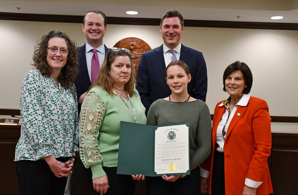Chester County 4-H Clubs Celebrate Pennsylvania 4-H Week Photo Credit: County of Chester. Chester County Commissioners Recognizing 4-H Week with Proclamation. Pictured left to right: Amy Bradford, Eric Roe, Audrey Reith, Josh Maxwell, Evelyn Bove, Marian Moskowitz.