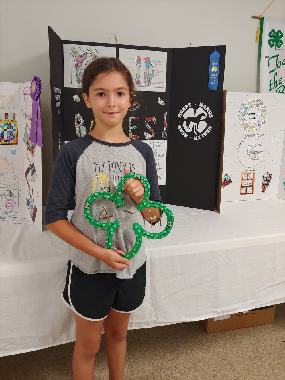 Chester County 4-H Fair Tabletop Project Awards Jazz Sapp holding her decorated horseshoe standing in front of her horse poster