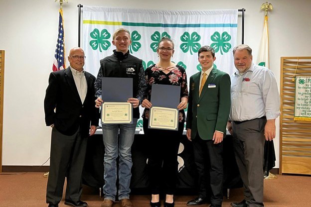 2023 Achievement Night Recognition Pictured left to right: Commissioner Scott Boyd, Outstanding 4-H Members Tucker Maine and Jordan Olson, PA 4-H State Council member Colby Carreon, Commissioner Matthew McConnell. Photo credit: Jennifer Arnett, Penn State