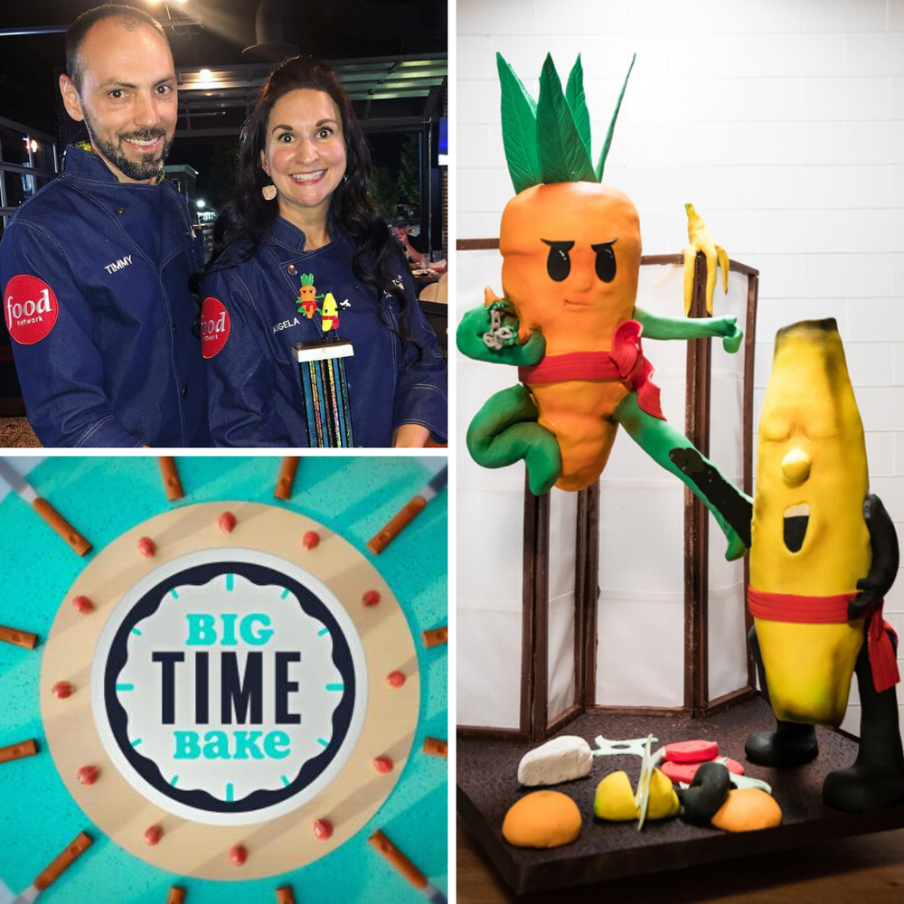 Lycoming County Alumna Appears on Food Network's "Big Time Bake" At left, Angela and her "Big Time Bake" teammate, Timmy. At right, the Food Fight Show Piece that helped the team win their title!