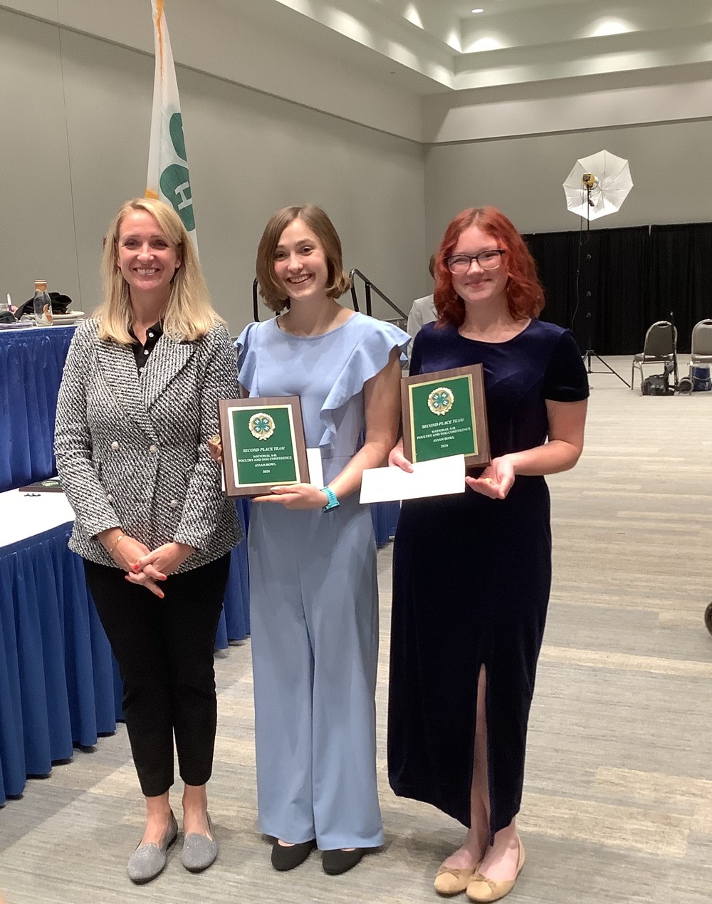 Pennsylvania 4-H Earns Second Place in National Avian Bowl Ms. Lyndsey Johnson, from the Poultry Science Association, Adelaide Miller, and Emily Bechdel